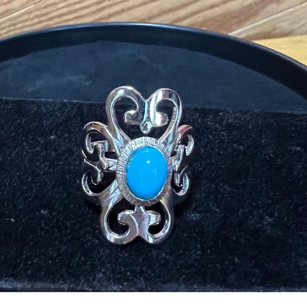 Vintage Sarah Coventry‎ Moon Cloud Filigree Ring 1974 Turquoise Silver Tone